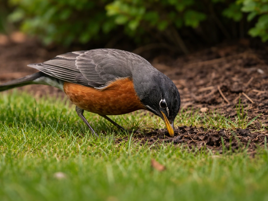 American robin foraging at the edge of a yard, probing soil for worms.