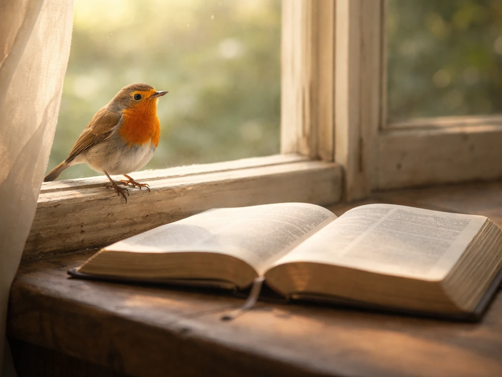 A robin perched by an open Bible near a window with soft natural light