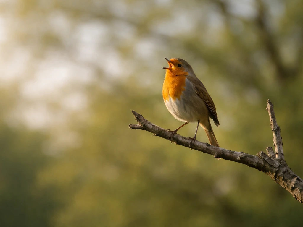 A robin perched high on a tree branch, repeatedly singing with head-bobbing posture in natural light.