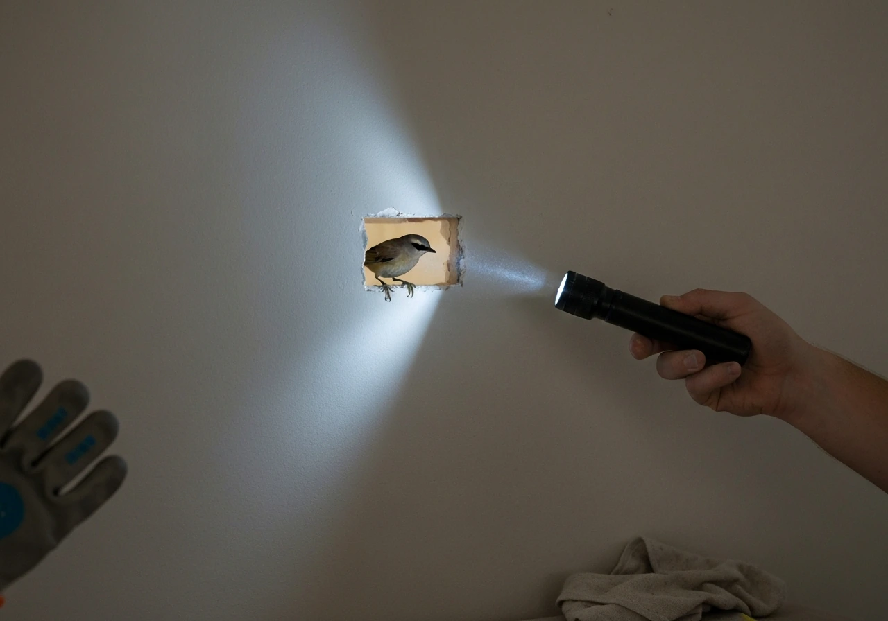 Flashlight beam reveals a bird just inside a small wall gap, with gloves and a tense safety moment.