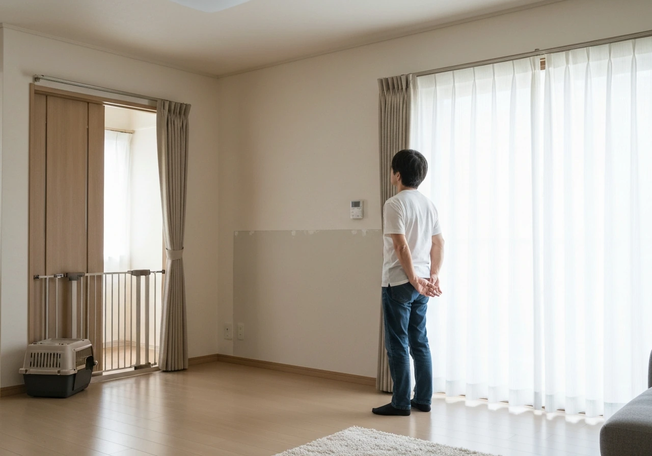 Quiet living room with closed curtains and a person cautiously approaching a wall while pets are kept away