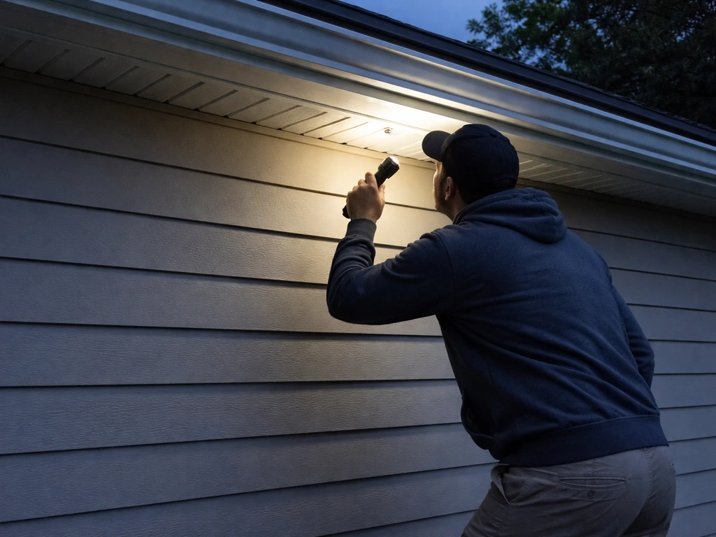 Home exterior at dusk: a person uses a flashlight to inspect the roofline and eaves for an entry gap