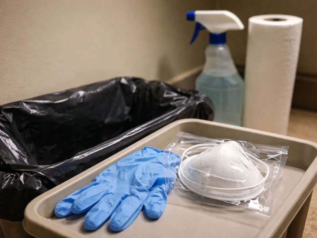 Gloves and an N95 respirator laid out beside a trash bag and cleaning supplies in a wall access area.