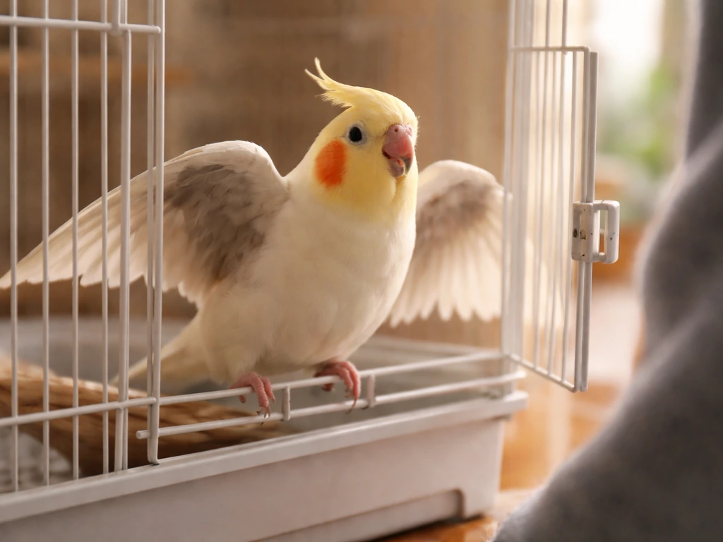 Small pet bird perched by the cage door as an owner approaches, wings stretching in greeting