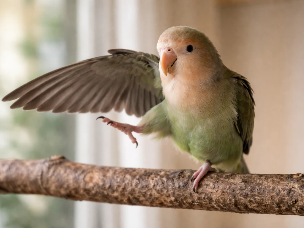 Parrot on a perch stretching with one wing extended and matching leg forward