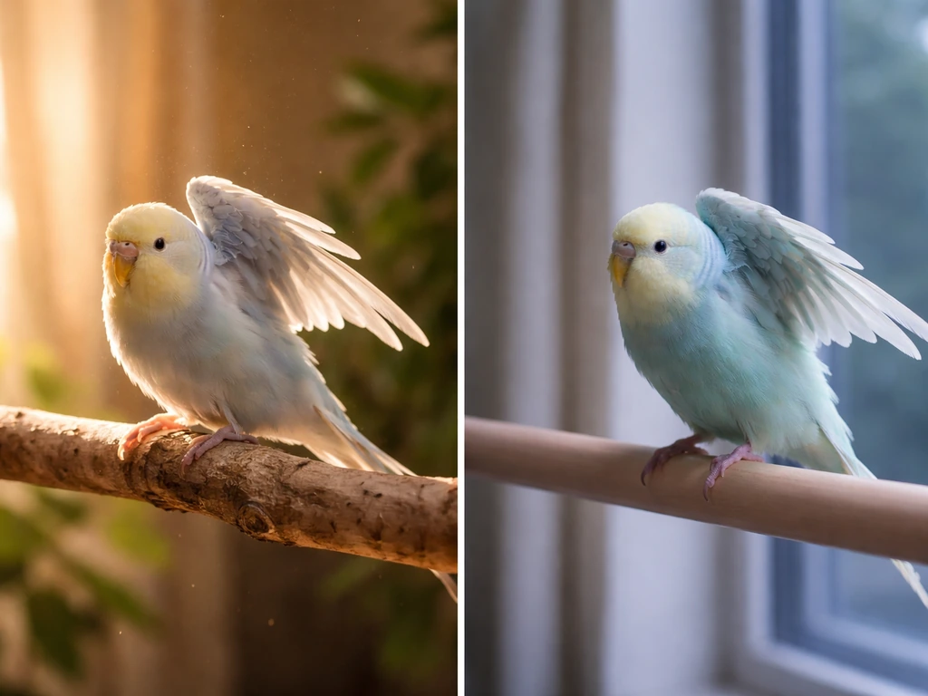 Two birds stretching on different perches, morning and evening light showing mood changes.