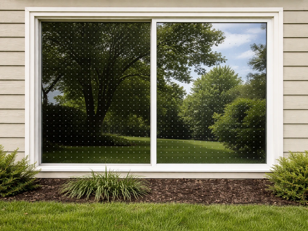 Close-up of a home yard window with bird-collision risk reflected glass and bird-safe decals