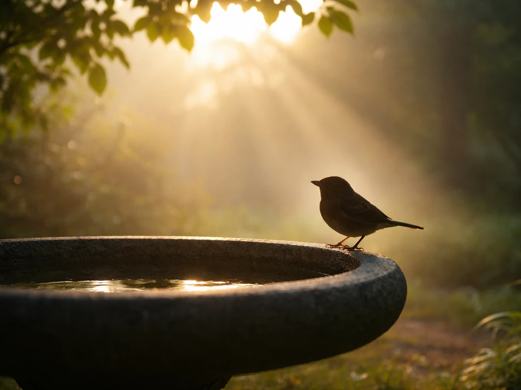 Bird silhouette perched at a sunlit birdbath in a quiet garden, symbolic and peaceful mood.