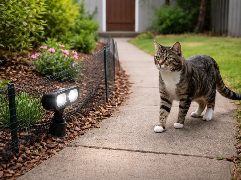 A house cat on a front walkway next to bird-safe deterrents like motion light and netting.