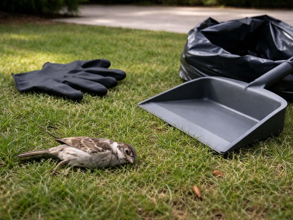 Dead bird on grass with gloves, dustpan, and trash bag nearby in a quiet backyard.