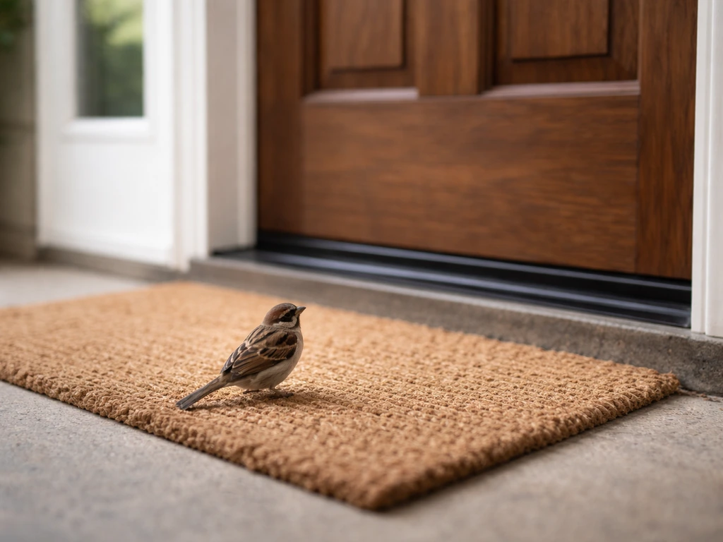 A single small bird perched by a front door, looking into the home at the entryway.
