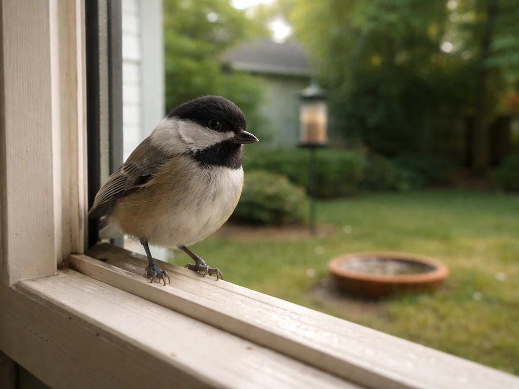 Small backyard bird perched by an open window with a nearby water dish, suggesting it returns for food and water.