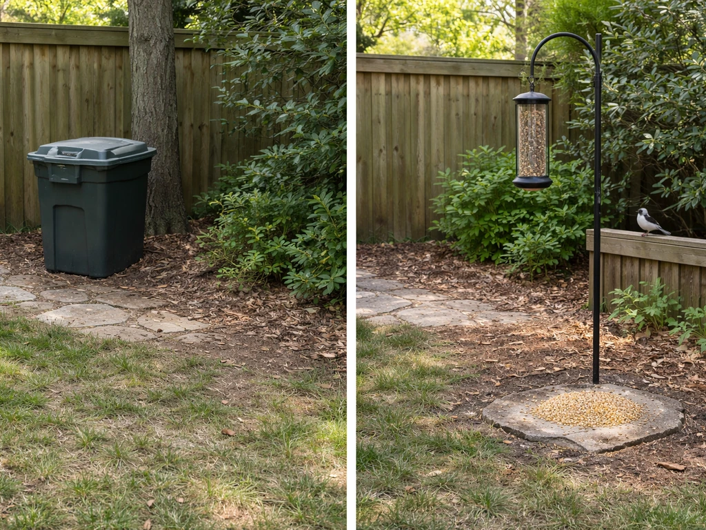 Split-scene of a bird-friendly yard: covered bins and removed food on one side, proper feeder setup on the other.
