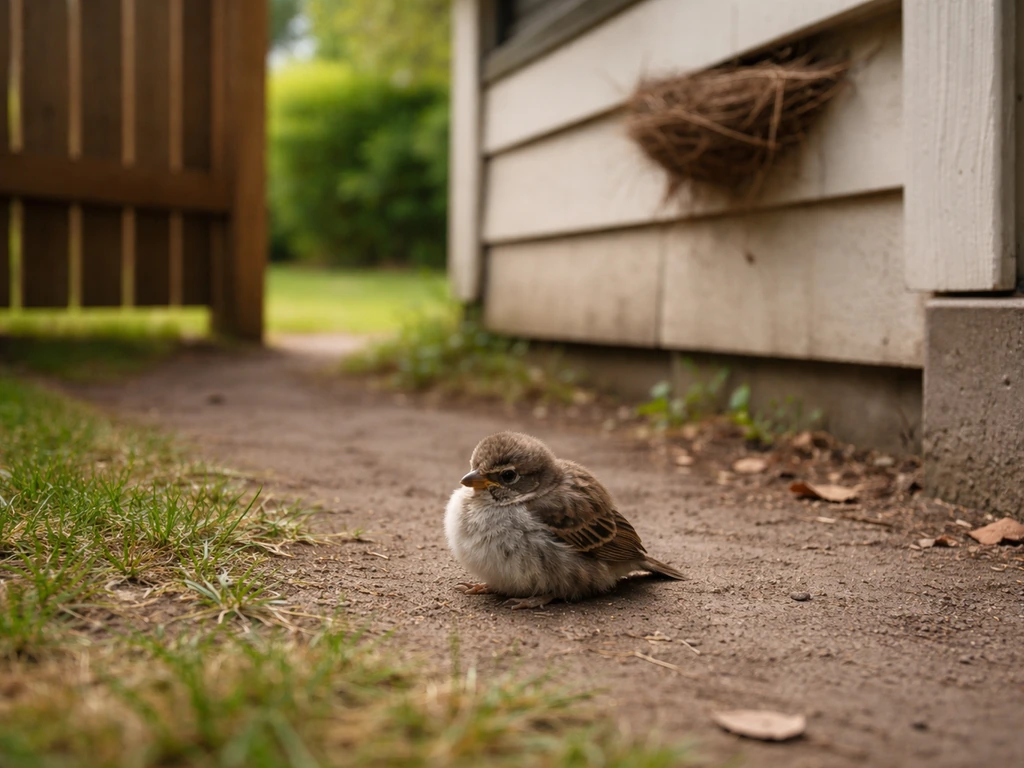 Ground-level photo of a small bird fluffed up near a house entrance beside a visible nest area