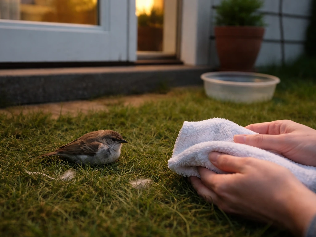 Anonymous hands offer a towel beside an injured small bird on grass near a home window.