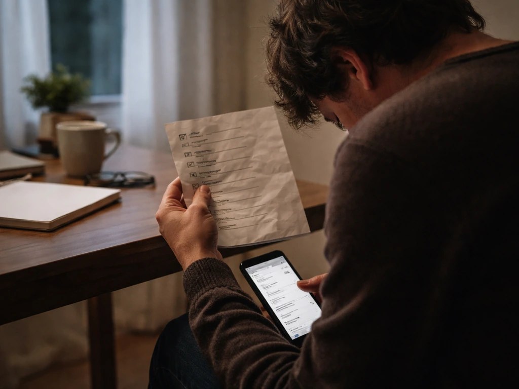 Distressed person at home holding a paper checklist and a phone, searching for safety and meaning