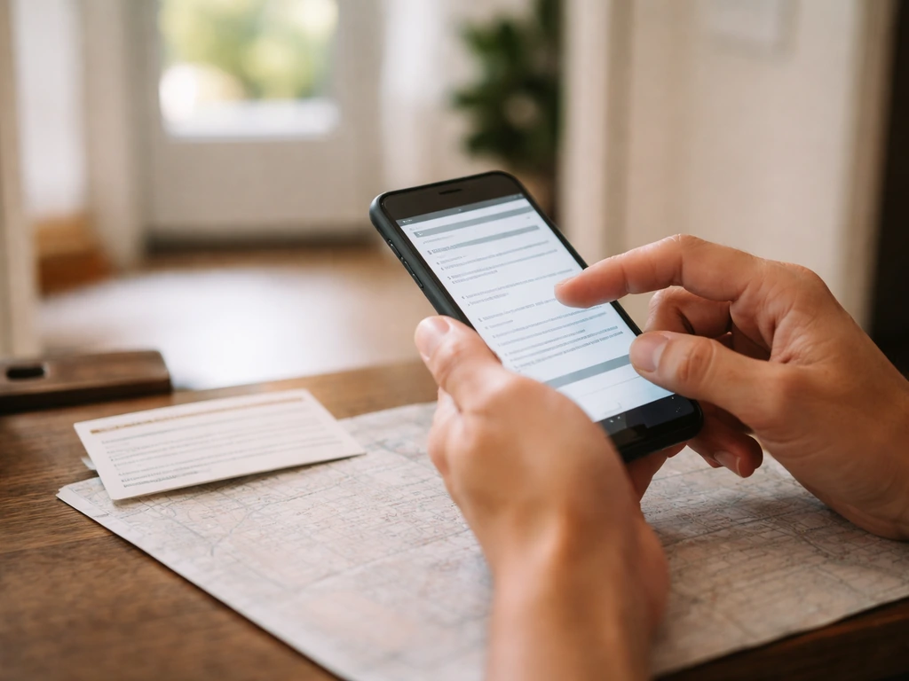 Hands using a smartphone to request wildlife help, with an unmarked notice card nearby.