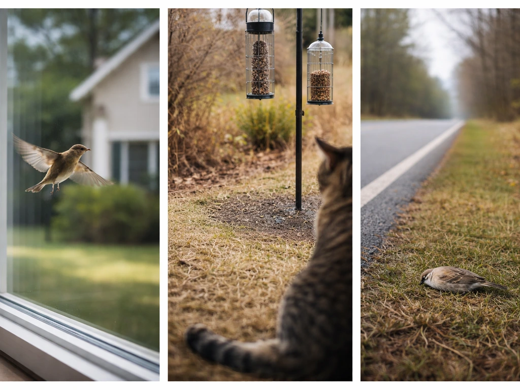 Three-panel image showing a bird window strike, a predator near a feeder, and a roadside hazard.