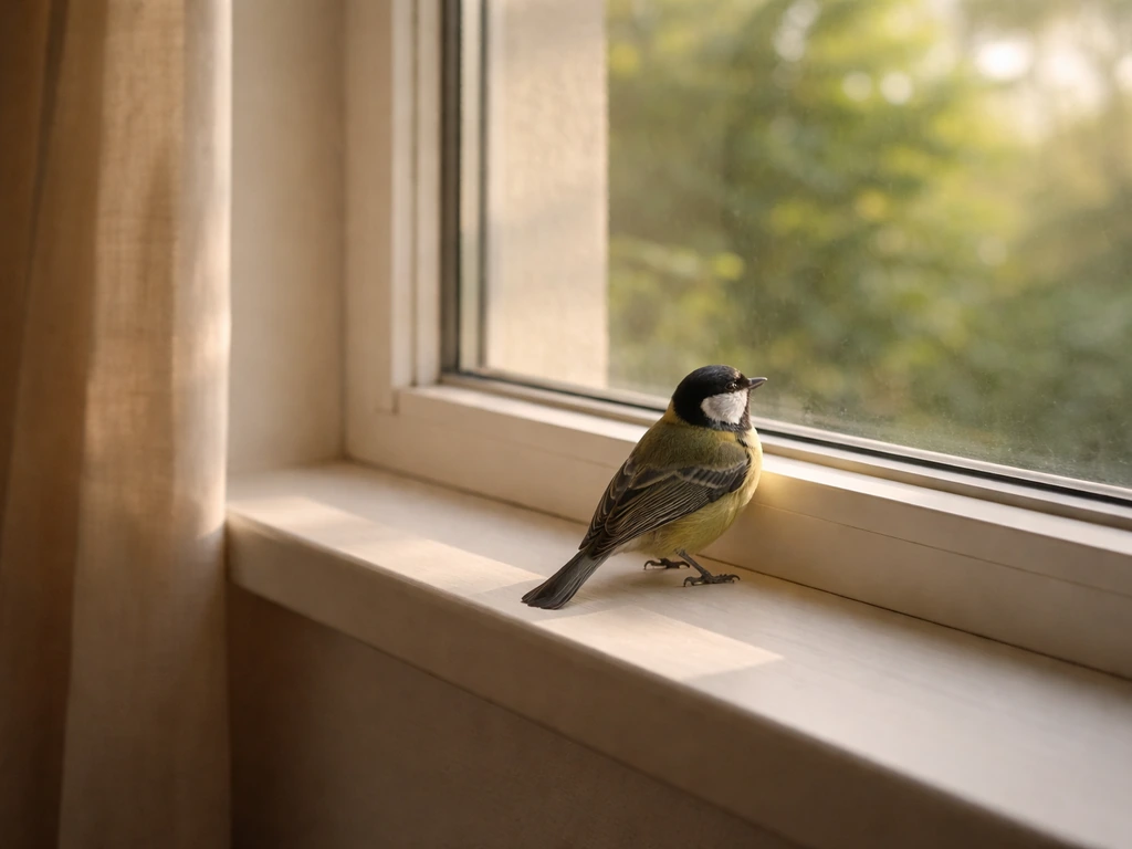 Small wild bird perched on an indoor windowsill with morning light and a quiet room behind it.