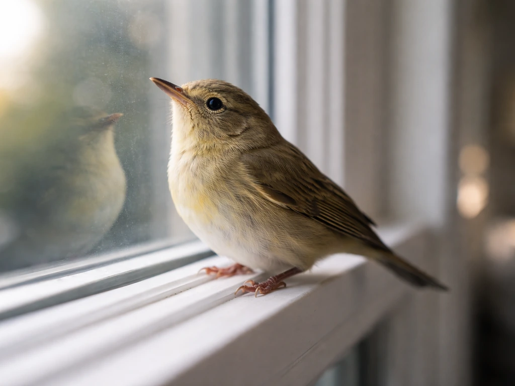 A small bird perched close to a sunlit window, with its reflection visible on the glass.