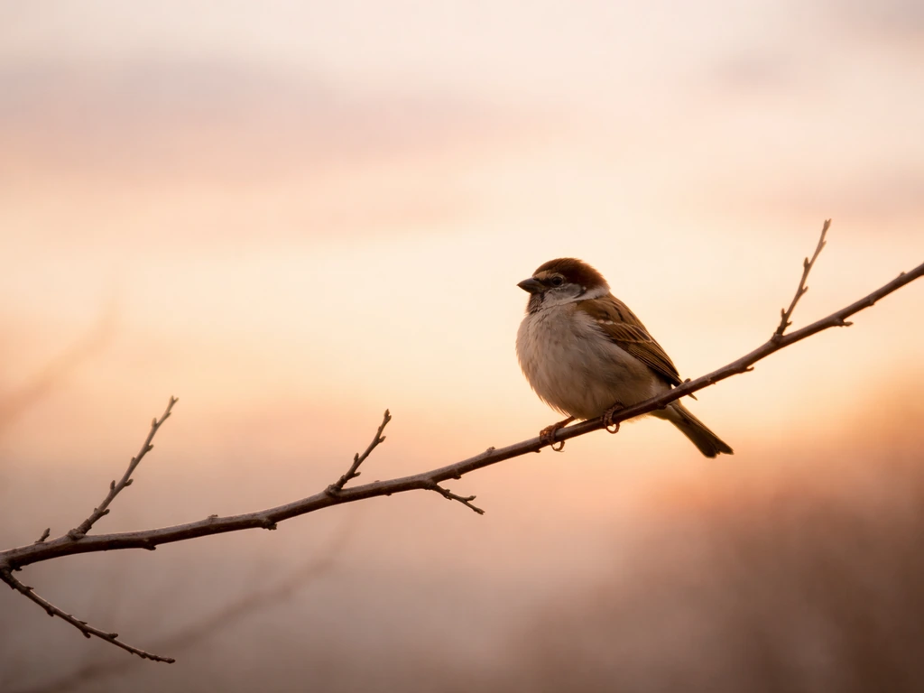 A small sparrow perched on a bare branch at dawn with a softly blurred sky behind it