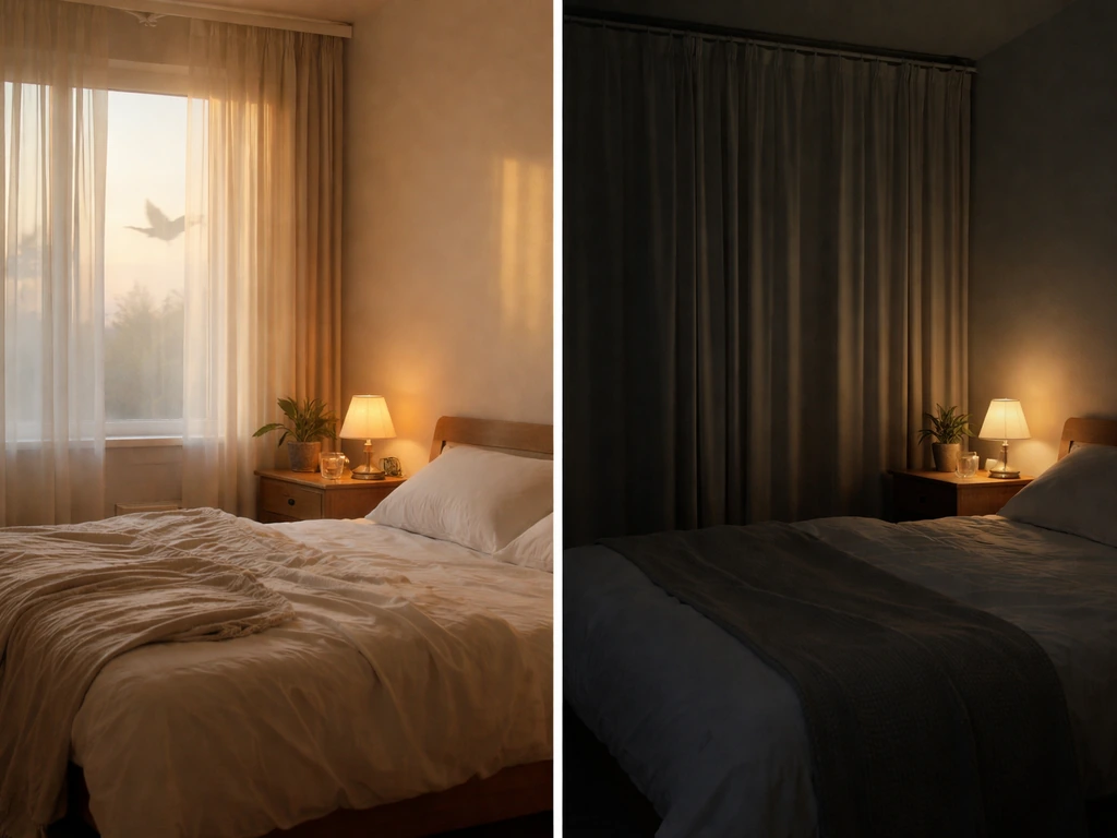 Bedside room at dawn with a softly glowing bird silhouette contrasted against a quiet indoor hallway at night.