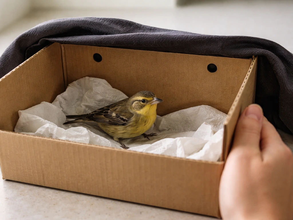 Small bird resting in a ventilated cardboard box with dark cover and a hand gently holding it steady.