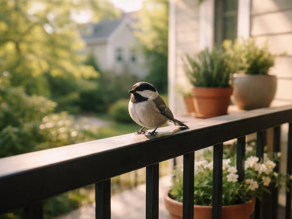 Small bird perched on a balcony railing in soft natural morning light, calm and peaceful scene.