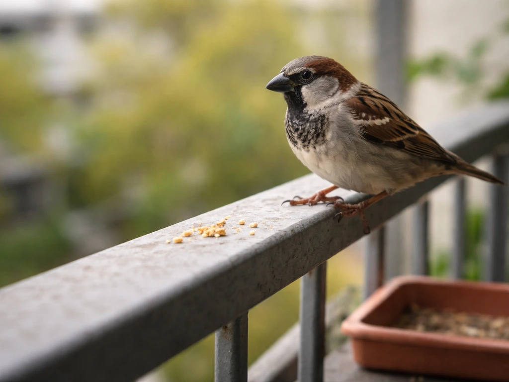 Small house sparrow perched on a balcony railing next to crumbs and a seed tray.