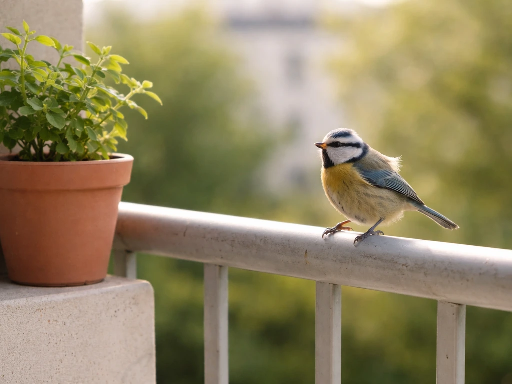 A small bird perched on a balcony railing next to a potted plant, looking around before flying off.