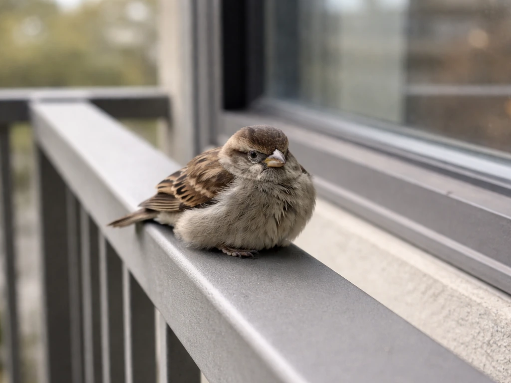 Small stunned bird sitting still on a balcony near a window after a possible glass collision.