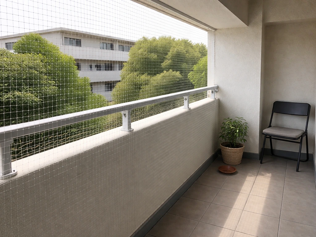 Minimal balcony scene with installed bird netting and a clean, dry surface with no standing water.