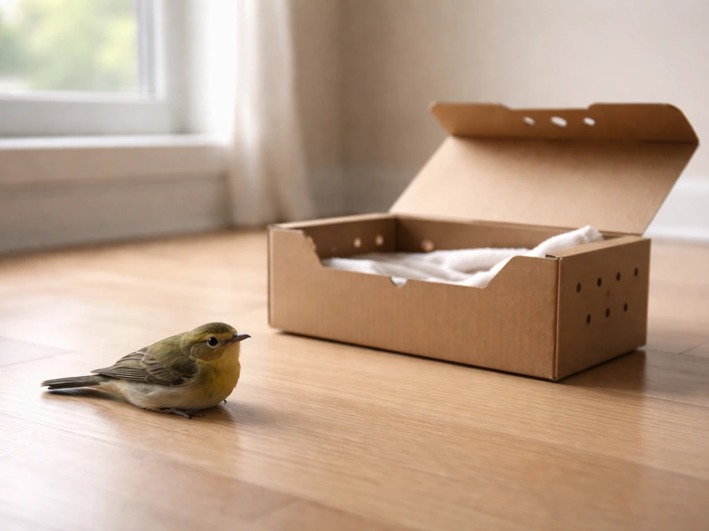 Small bird resting safely near a window with a ventilated rescue box nearby in soft light