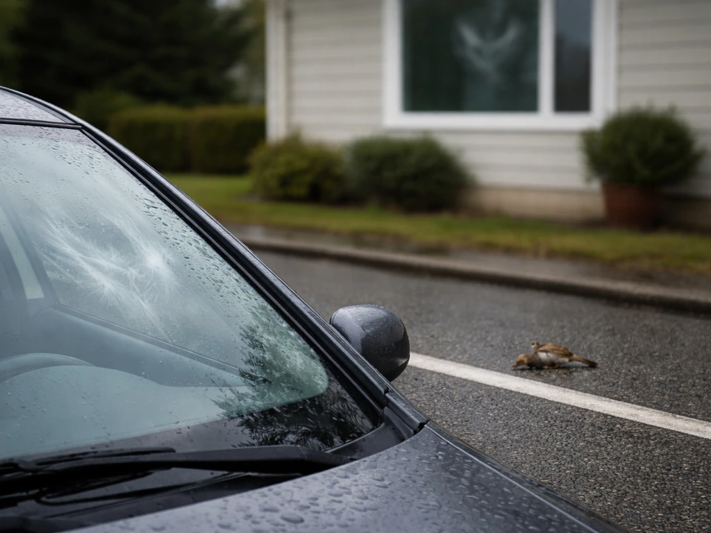 Driver’s car on a quiet road with a small bird near the lane and a blurred windshield impact