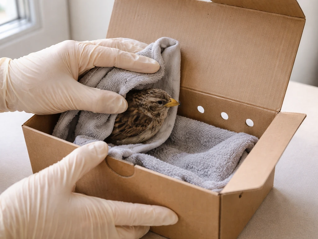 Gloved hands gently placing a small injured bird into a ventilated carrier box with minimal contact