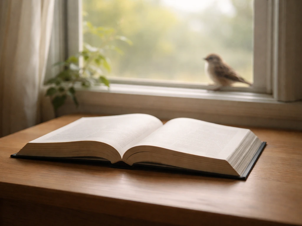 Open Bible on a wooden table by a window with a sparrow outside, calm light and peaceful mood.