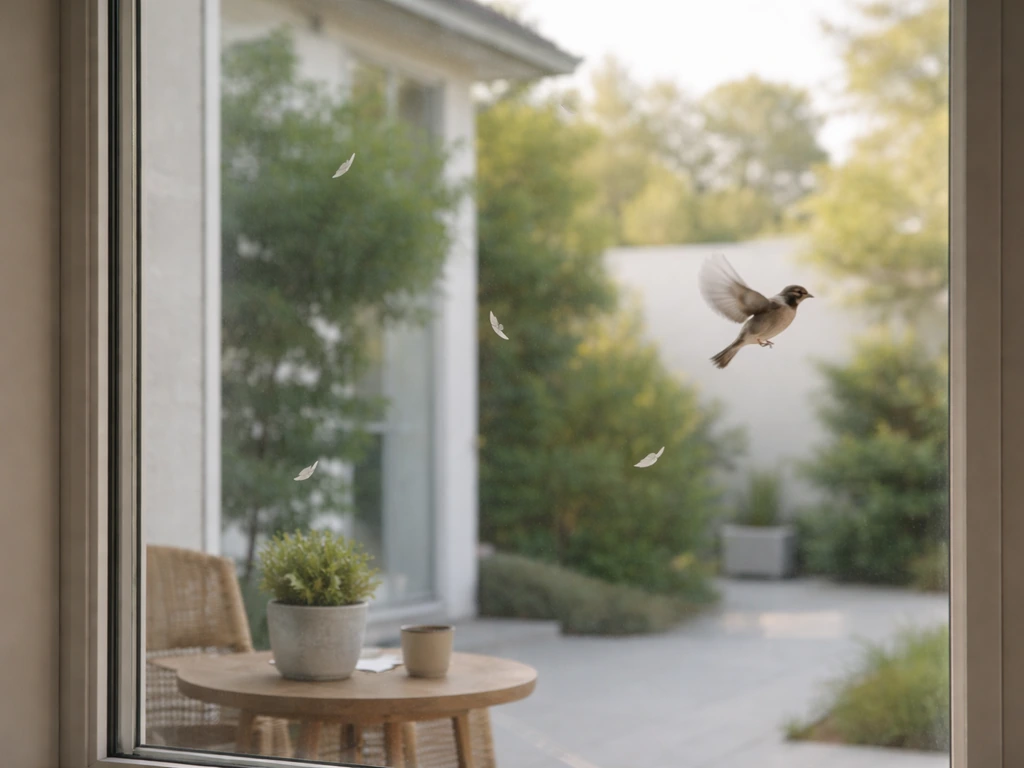 Bird-safe decals and film on a home window with a bird flying away in calm morning light.