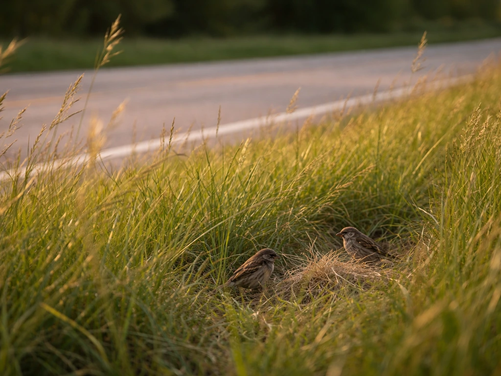 Tall grass along a highway right-of-way with small birds hidden near low nest-like vegetation.