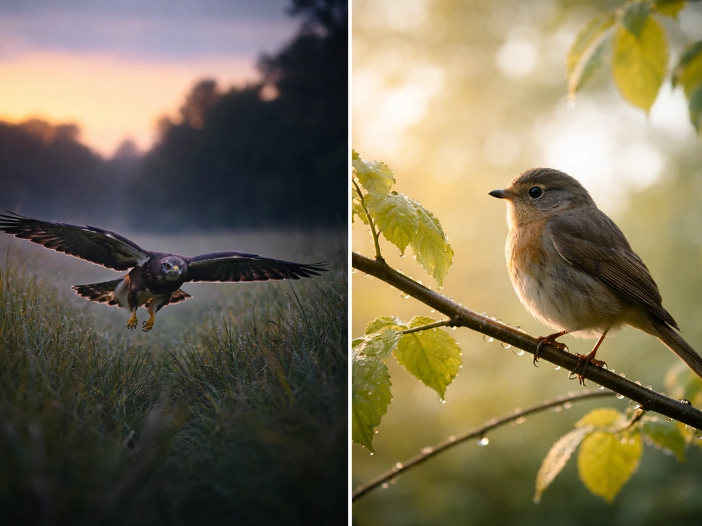 Two-part photo of a hawk soaring near dusk and a songbird perched at morning, symbolizing different meanings.