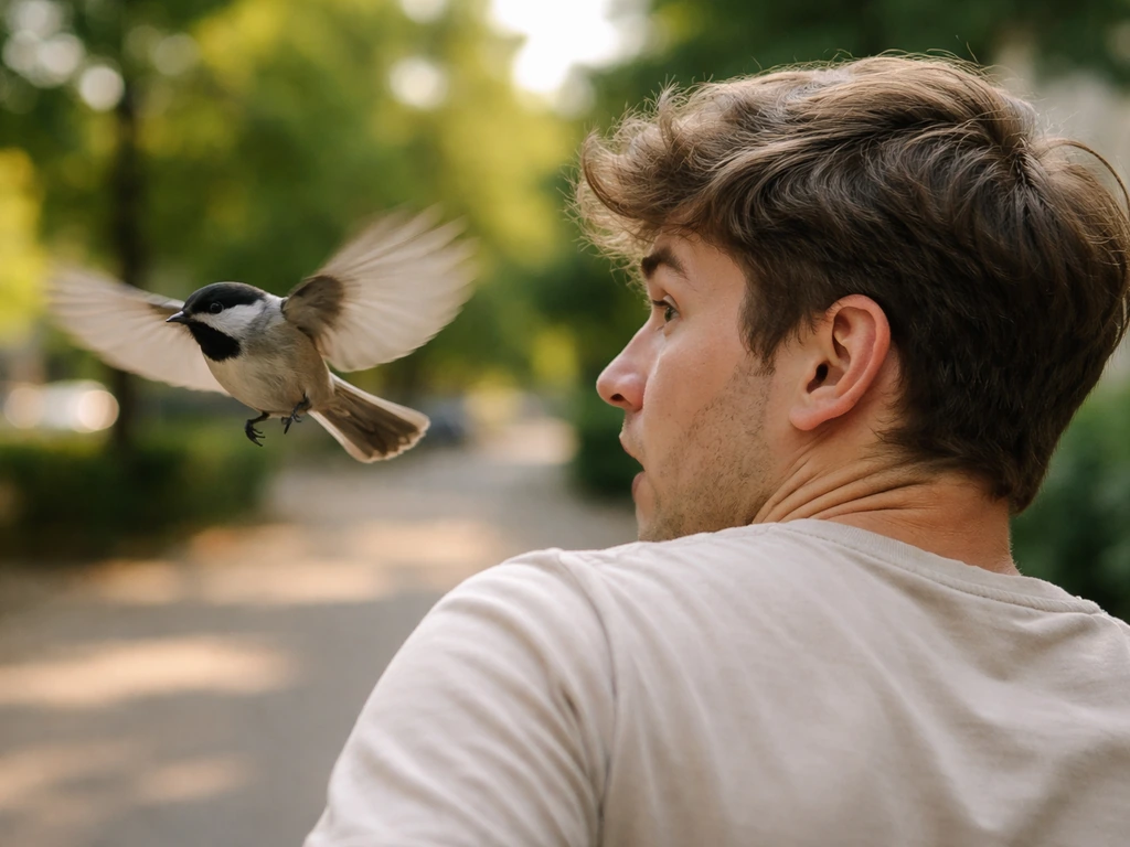 A bird mid-flight close to a person’s head, captured right after a near bird strike—tense but non-graphic.