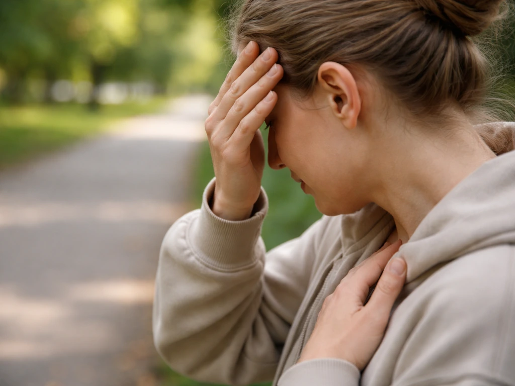 Anonymous adult gently touching their forehead/temple in a safety check after a head bump