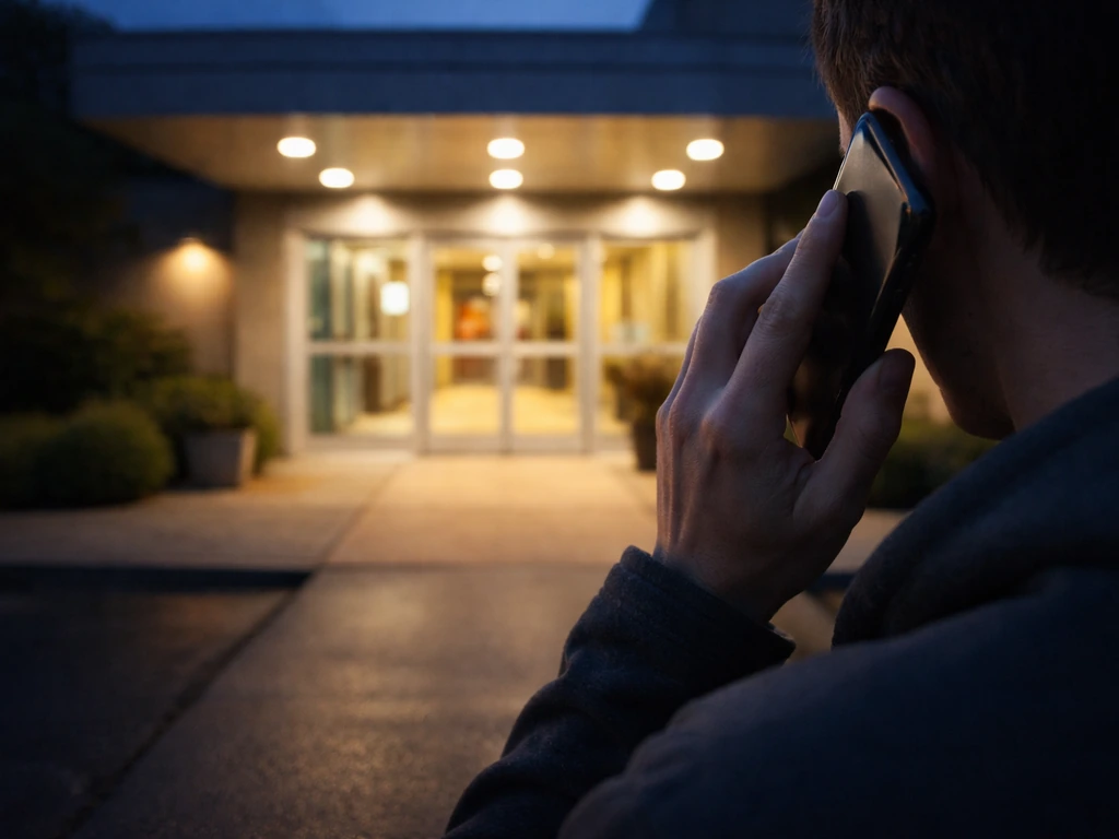 Anonymous hand holding a phone near a hospital emergency entrance at dusk, suggesting calling for immediate help.