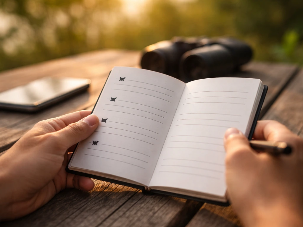 Open notebook on a wooden table with bird icons and blank fields for location, time, and sensations.