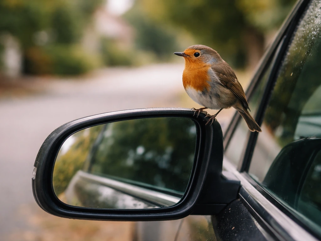 A small bird perched on a car side mirror, with a clean, quiet street background.