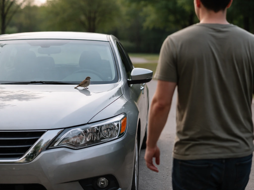 Driver calmly walks toward a parked car as a small bird sits on the hood