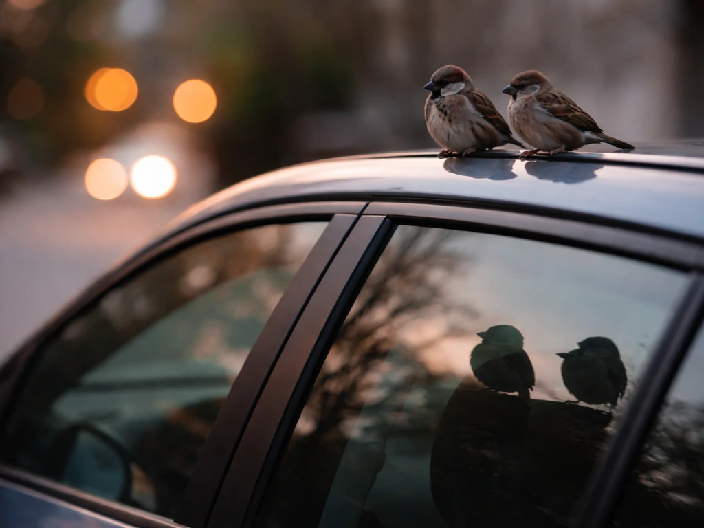 Two small birds perched on a car roof, with reflections in the window drawing attention.