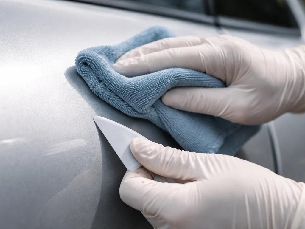 Gloved hands using a microfiber cloth to safely remove bird droppings from a car’s paint