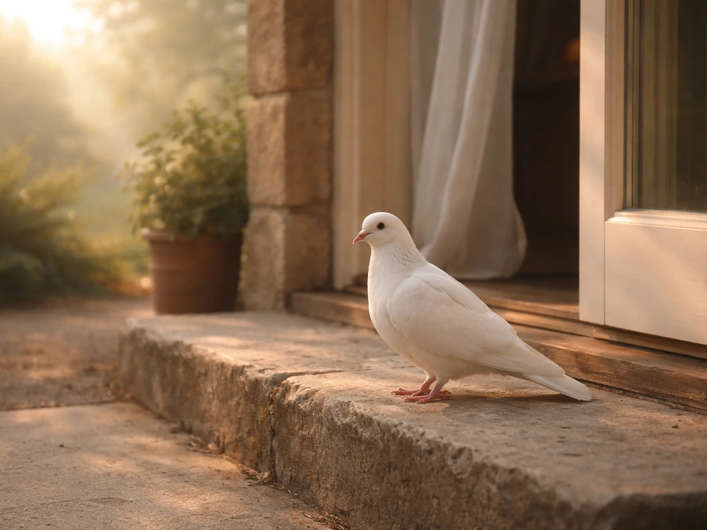 White bird perched by a doorstep at dawn, warm light suggesting a hopeful visit.