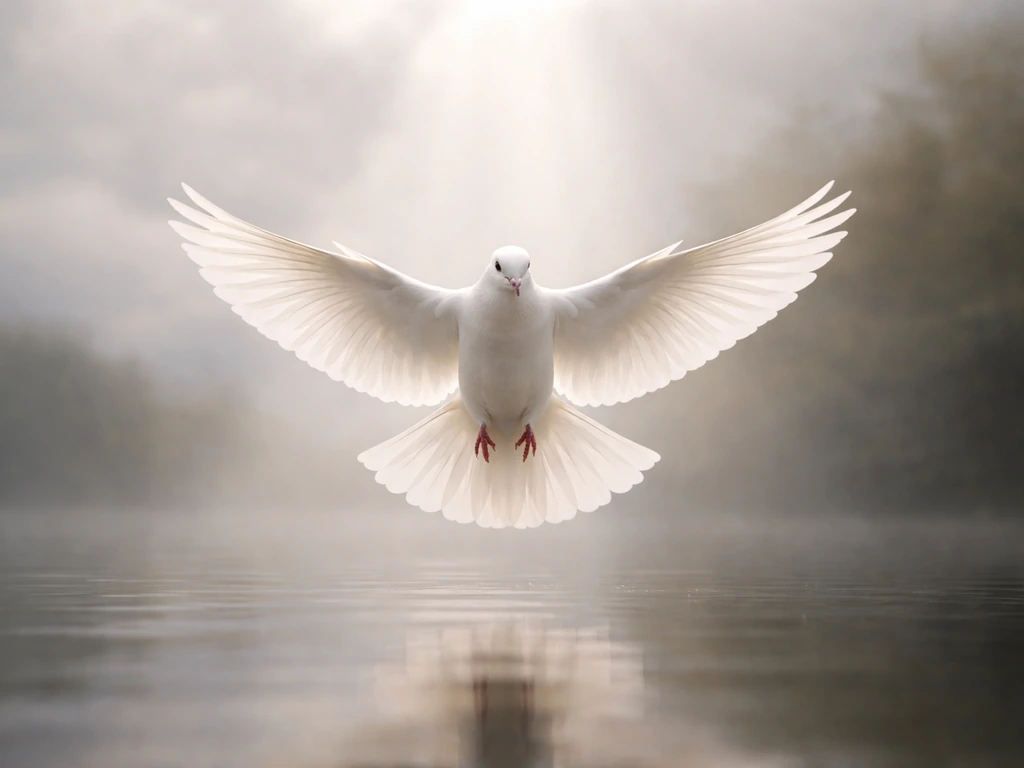 A white dove hovering above a still surface against a soft sky, lit by gentle natural light.