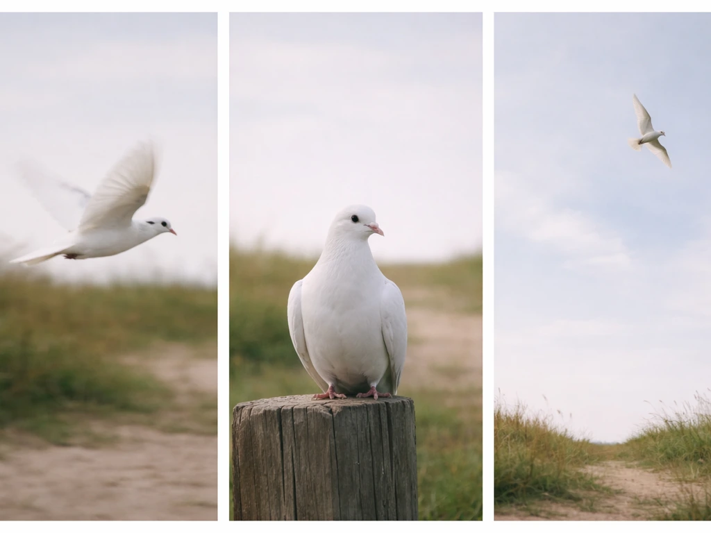 Three-panel triptych of a white bird flying past, calmly landing and sitting, then circling overhead.